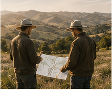 Two people reviewing plans outdoors in a rural landscape.