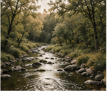 A creek running through a wooded restoration corridor.