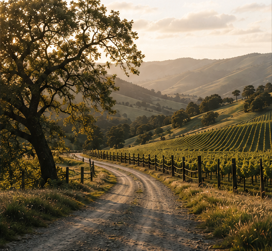 Oak-studded hills and a ranch road running beside vineyard rows.