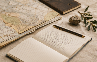 A notebook, maps, pen, and field materials laid out for project review.